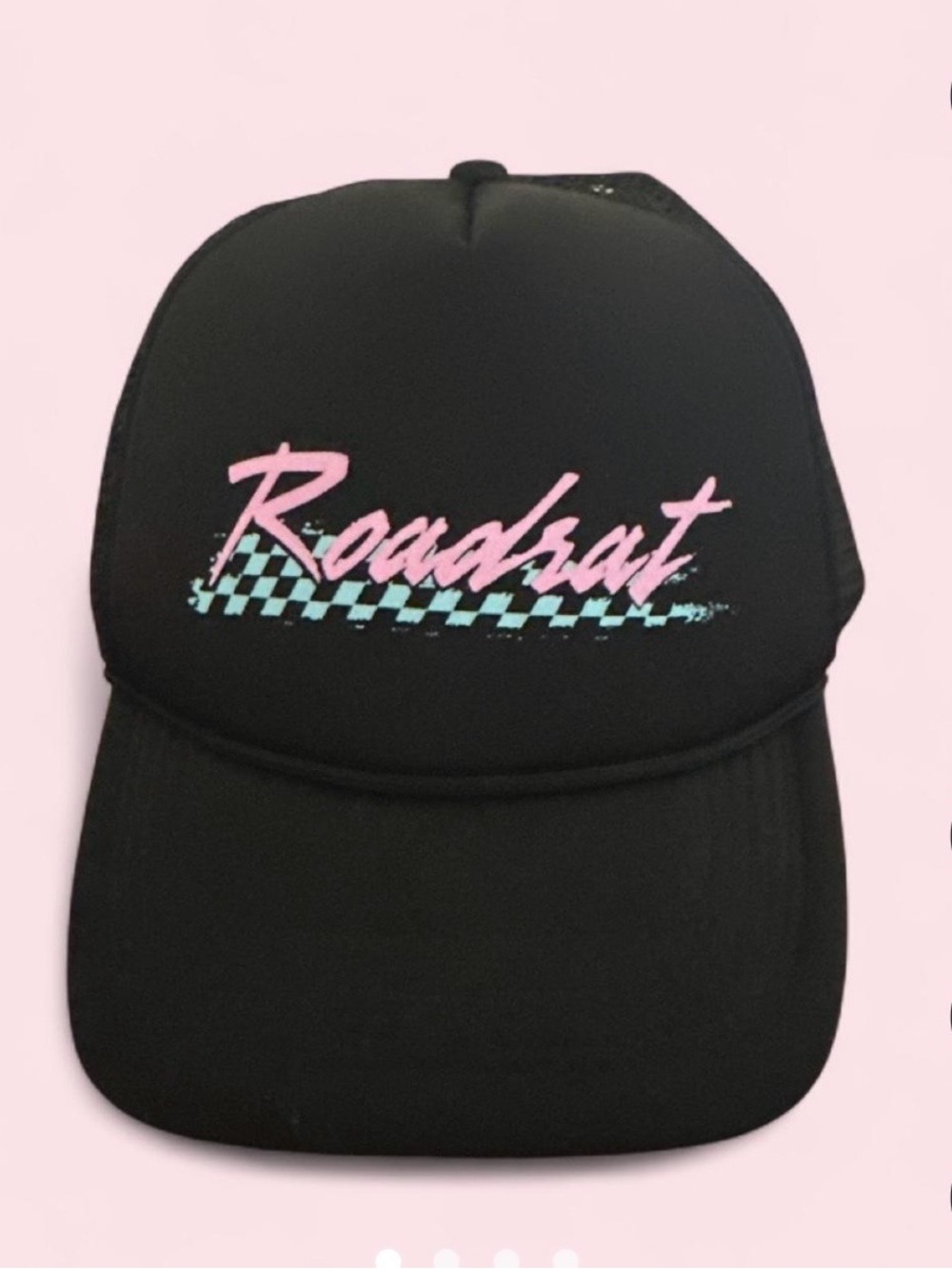 Black Trucker Cap with Pink Script & Teal Checker Accent